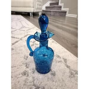 Vintage Blue Art Glass Cruet Decanter with Stopper & Applied Handle